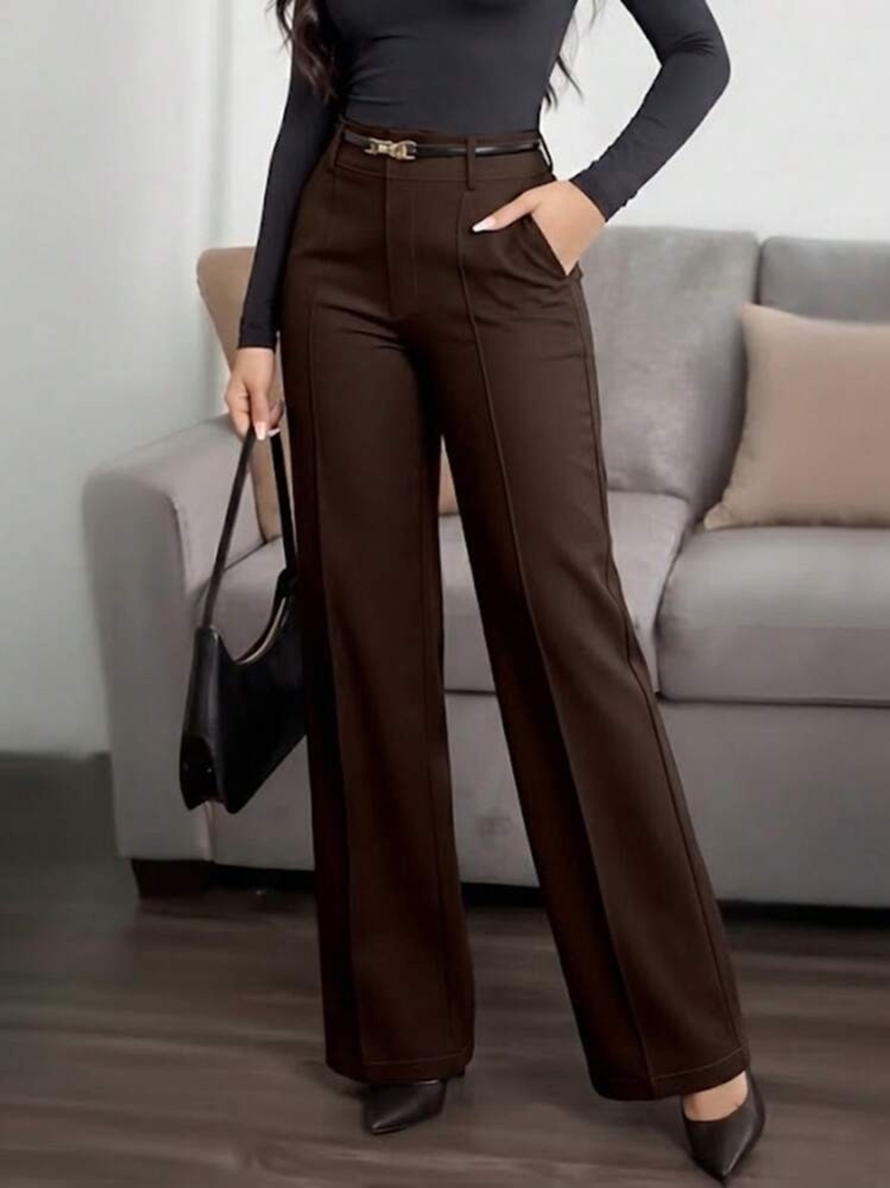 Zara Dark Brown Wide-Leg High-Waist Trousers
